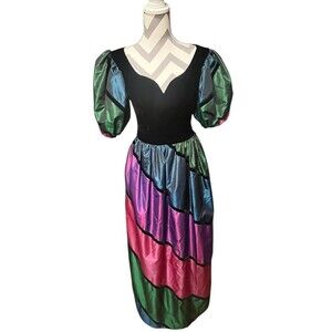 Vtg Nieman's Victor Costa iridescent Taffeta Black Velvet Petticoat Dress Sz 10